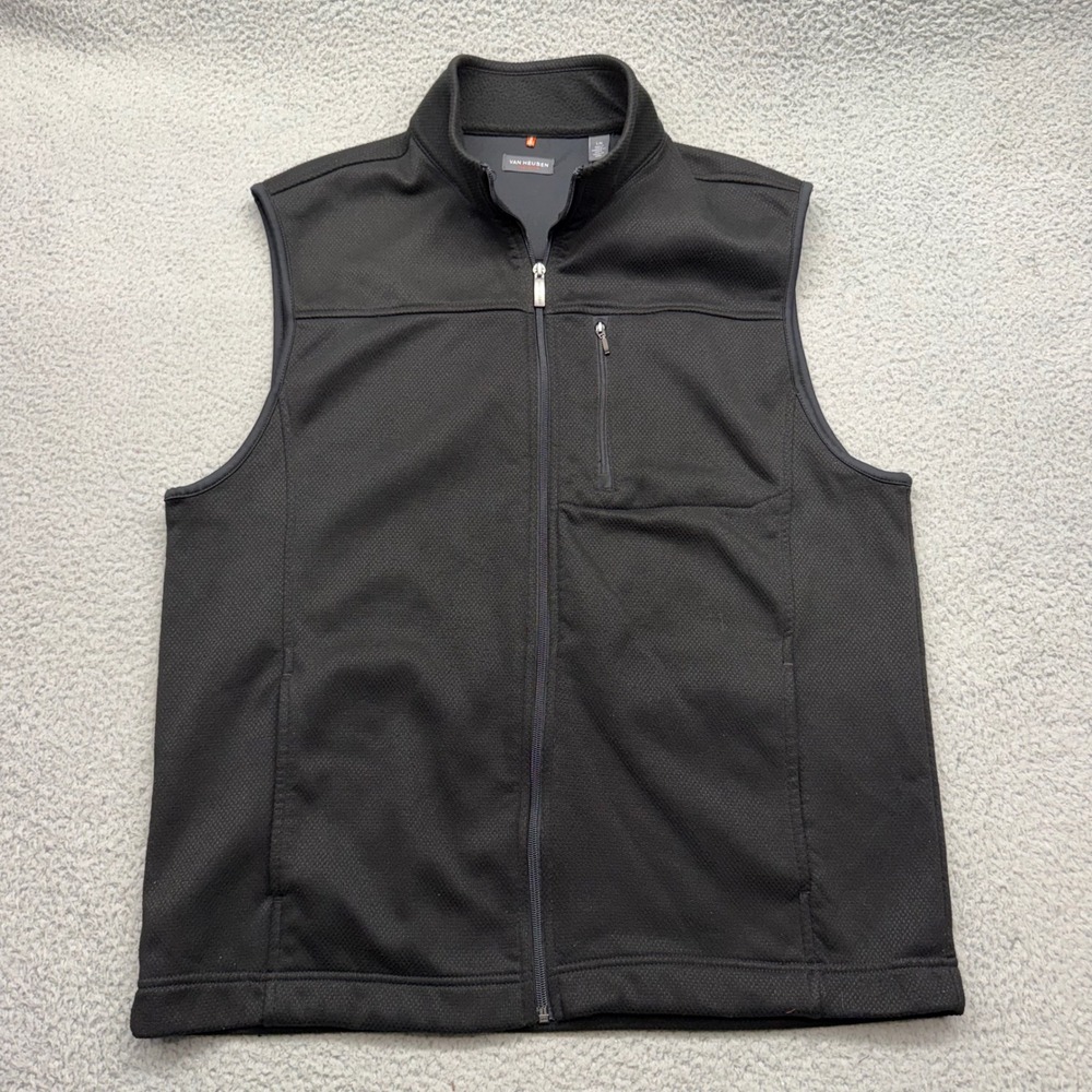 Van Heusen Traveler Mens Size Large Black Full Zip Textured Fleece Lined Vest